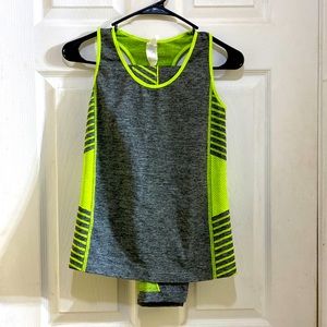 Workout/lounge set in dark heather grey and lime green.